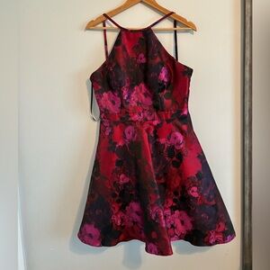 Xscape Floral Halter Fit-and-Flare Dress in Navy & Magenta